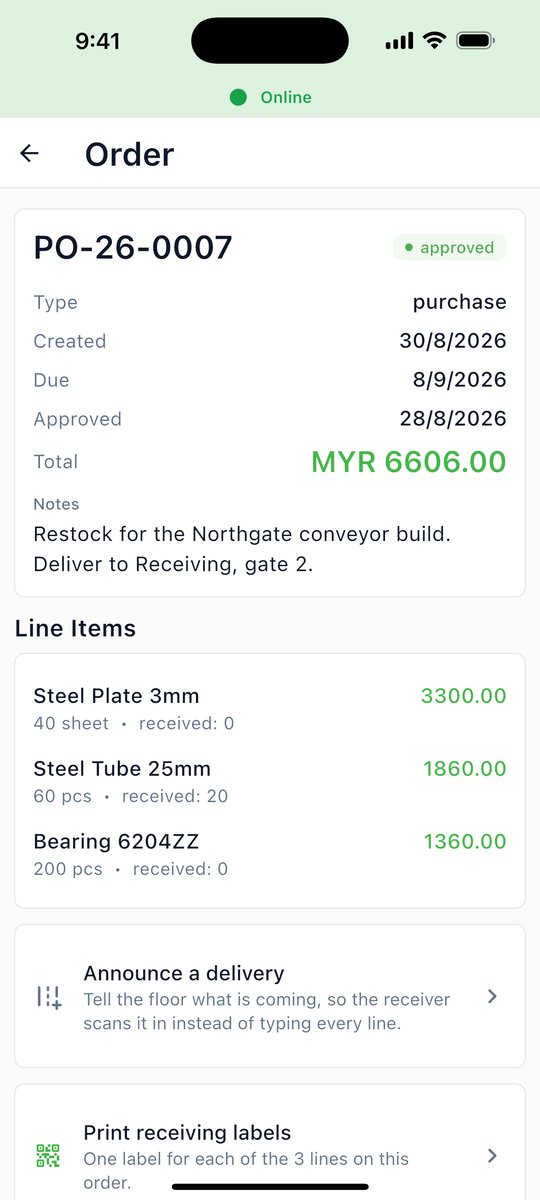 Purchase order detail with line items and received quantities