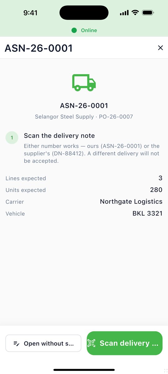 Announced delivery ready to be scanned in at the dock