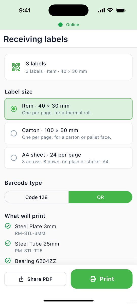 Receiving labels for a purchase order, with label size and barcode type