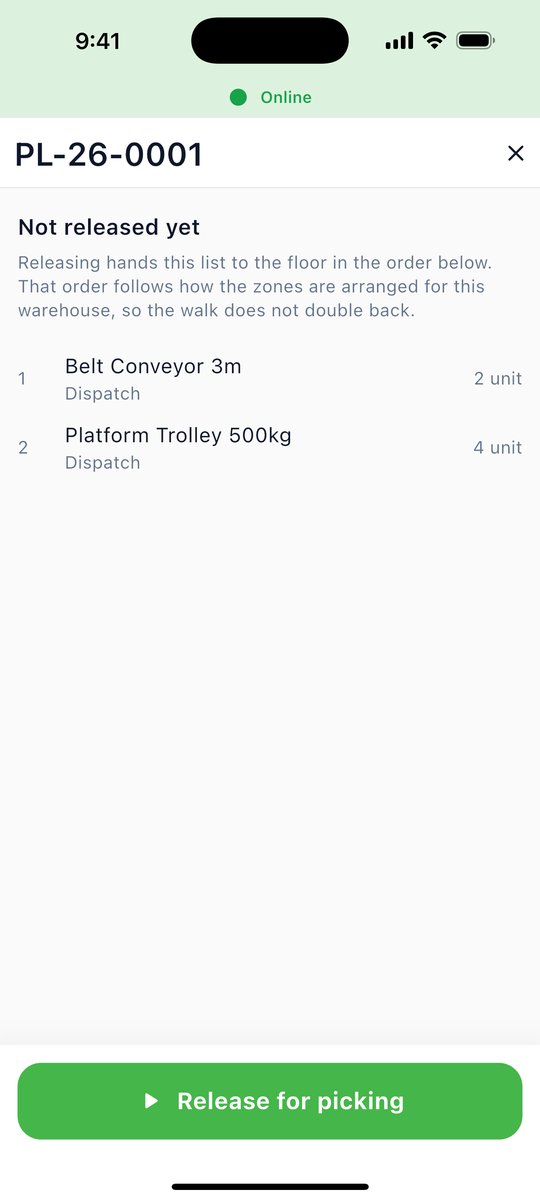 Pick list with its lines in location order