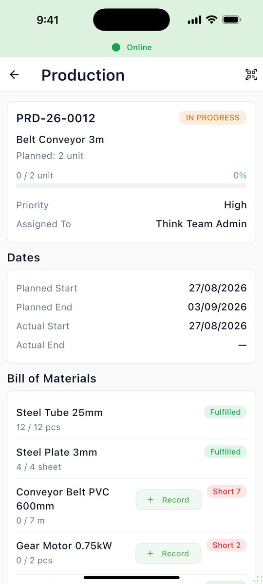 Production job with dates and bill of materials