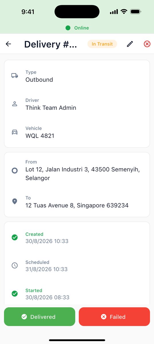 Delivery detail with route, driver and timeline
